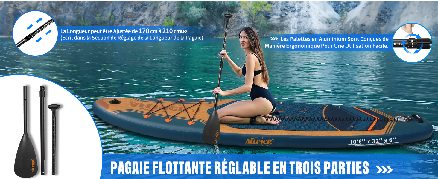 sur l'eau avec personne assise. Comprend des accessoires pour pagaie et pompe. Le texte de l'image décrit les caractéristiques du produit.