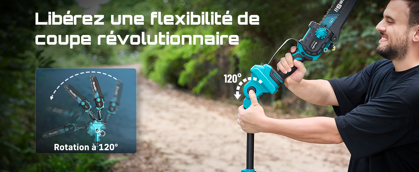 Le texte se lit comme suit : « Libérez une flexibilité de coupe révolutionnaire ». Série de photos de démonstration de produits montrant des cisailles de jardin ou des outils d'élagage utilisés sur des plantes d'extérieur.