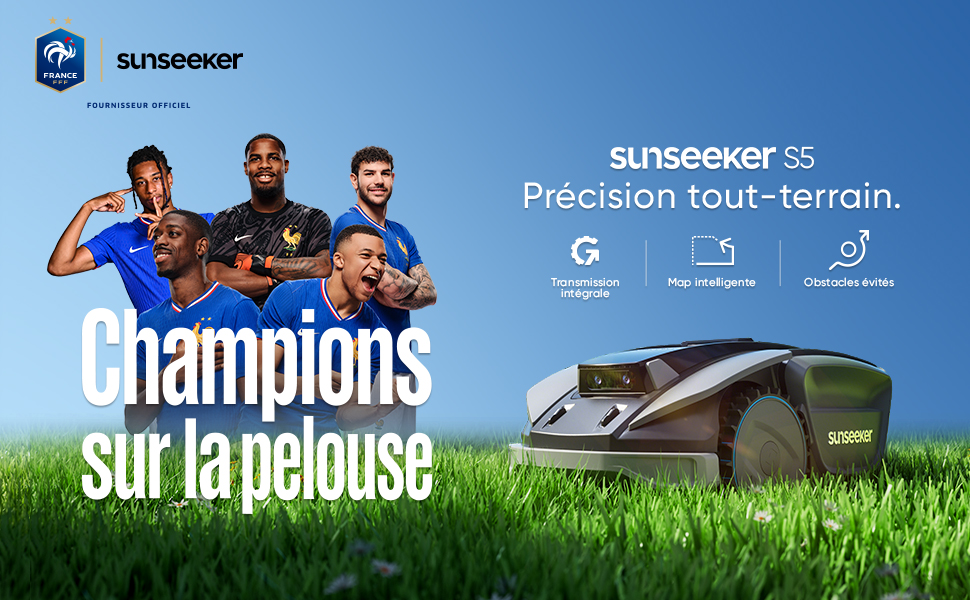 Le texte indique « SUNSPORT », « Precision tout-terrain », « Champions sur la pelouse », « G ». Trois athlètes masculins en équipement de sport avec une tondeuse à gazon robotique verte sur un terrain en herbe.