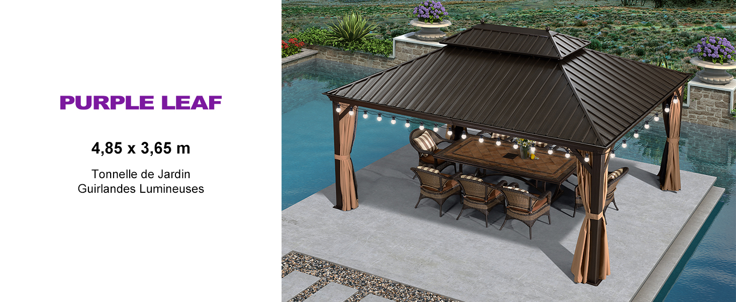 avec toit en métal brun, guirlandes lumineuses et poteaux sur terrasse en béton. Marque Purple Leaf, mesurant 4,85 x 3,65 mètres