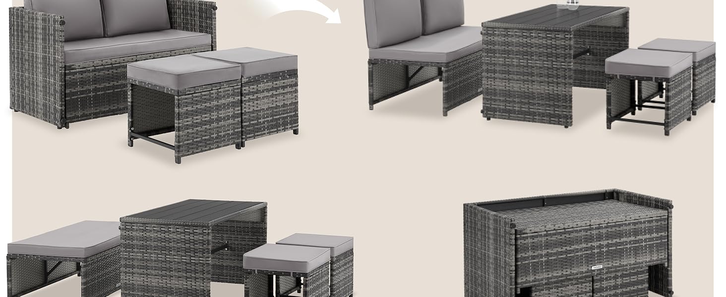 Collection de mobilier d'extérieur tissé gris en cinq pièces comprenant un canapé sectionnel en forme de L, un pouf, une table basse et des tables d'appoint disposés dans différentes configurations sur fond blanc.