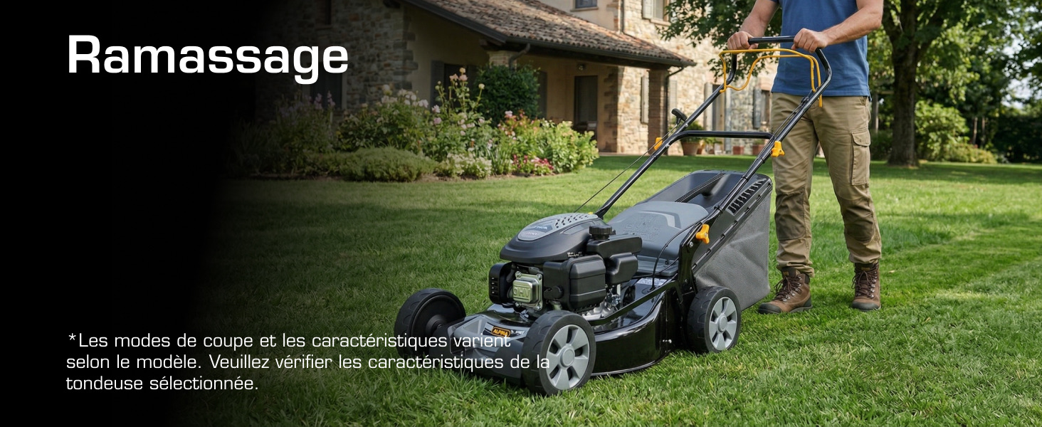 Le texte se lit comme suit : « Ramassage » (Collection). Personne utilisant une tondeuse à gazon sur l'herbe dans un jardin résidentiel avec un texte descriptif en français sur les modes de coupe et de collecte.