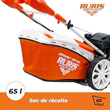 Le texte indique « RURIS » et « 65 l Sac de récolte ». Tondeuse à gazon orange et blanche avec sac de collecte, avec poignée ergonomique.