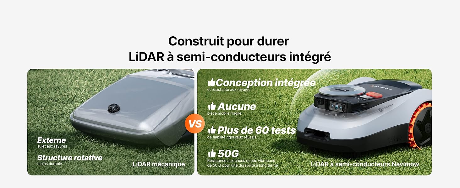 Le texte indique « Construire pour durer » et « LIDAR à semi-conducteurs intégré ». Panneau d'information sur le produit présentant les caractéristiques des tondeuses à gazon robotisées avec les spécifications techniques en français.