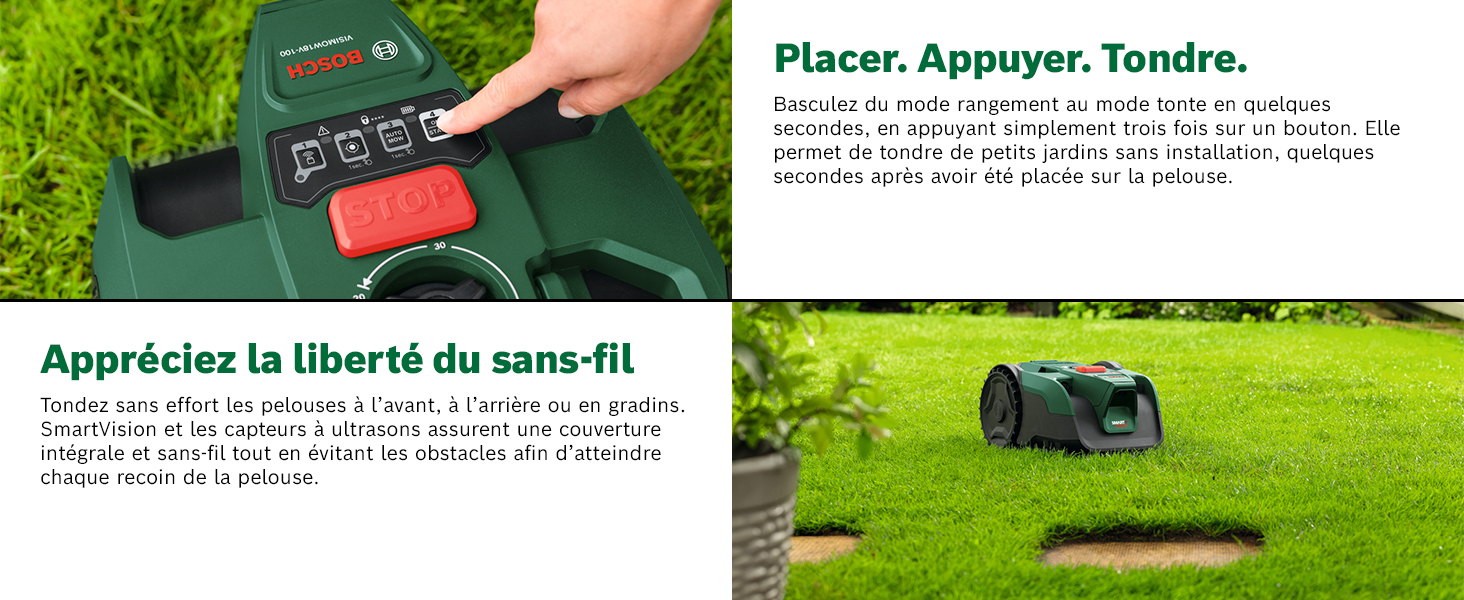 Le texte se lit comme suit : « Placer, appuyer, tondre » et « Appréciez la liberté du sans-fil ». Images de démonstration montrant l'utilisation d'un appareil sans fil sur une pelouse verte avec instructions en français.