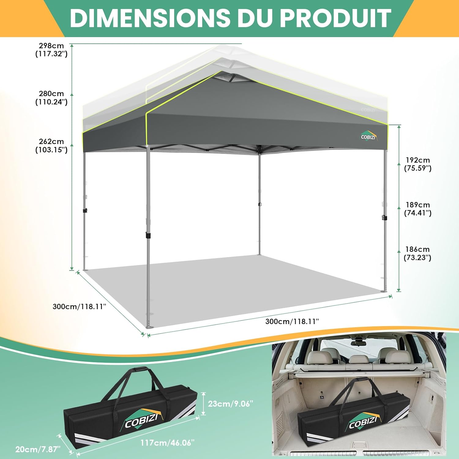 COBIZI - Tonnelle pliante série UV 50+ - 3x3m - verrouillage central, bandes fluorescentes, 4 parois