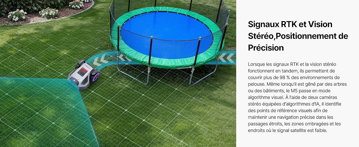 Le texte indique « Sigma rtx 4 Vision », « Détecto Positionnement de Ballon ». L'image montre un trampoline gonflable bleu dans un jardin avec le nom du produit et la description de la fonction de détection technique dans le panneau de texte ci-joint.