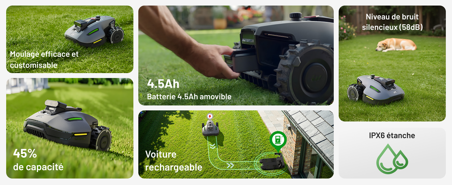 Série d'images d'entretien des pelouses extérieures montrant une tondeuse à gazon robotisée en action dans divers jardins, démontrant des capacités de tonte de gazon autonome.