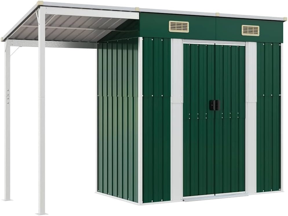 vidaXL Abri de Jardin avec Toit prolongé Vert 277x107x181 cm Acier, Rangement de Jardin, abri à Outils de Jardin, Rangement de Jardin pour Outils