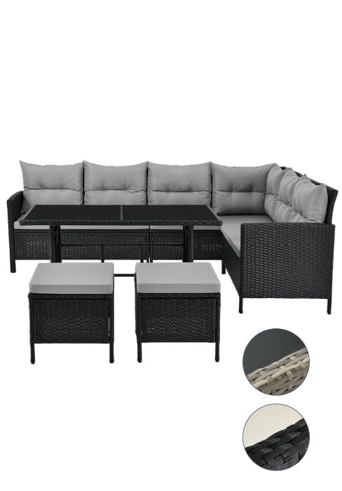 comprenant des meubles en osier foncé avec des coussins gris, y compris un canapé en L et deux poufs assortis. Les photos détaillées montrent la texture de l'osier et le matériau du coussin.