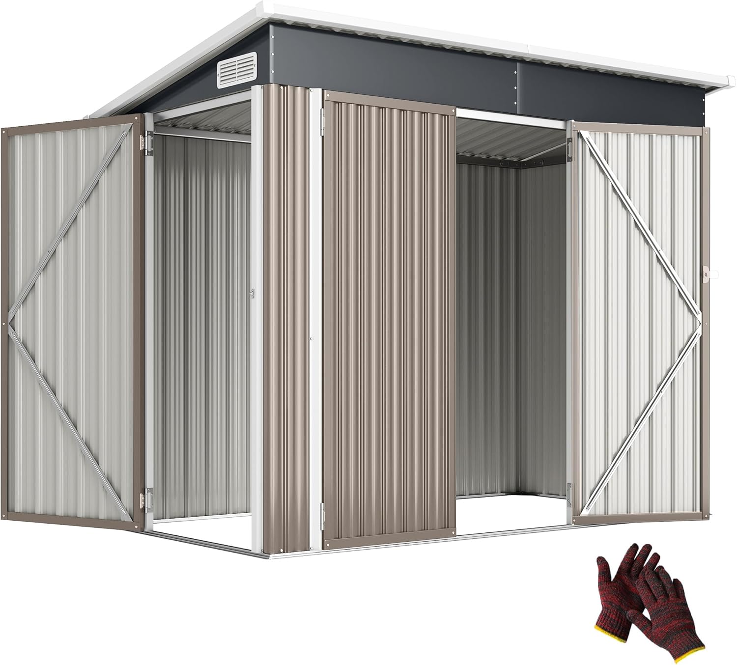 Abri de jardin métal - 234x132x185 cm - triple porte, toit incliné, aérations
