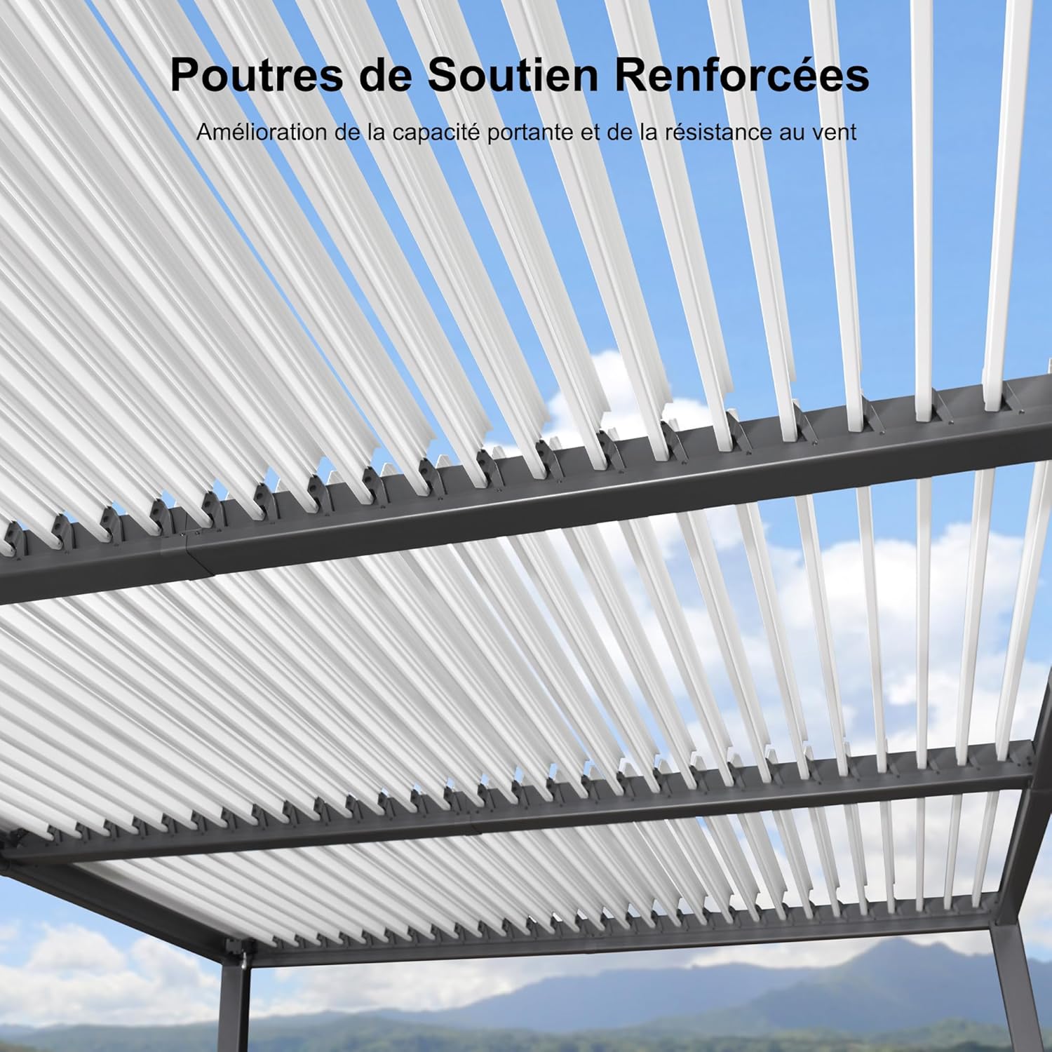 PURPLE LEAF - pergola bioclimatique - 6,35x3,5m - aluminium gris, poteaux blancs, lames orientables