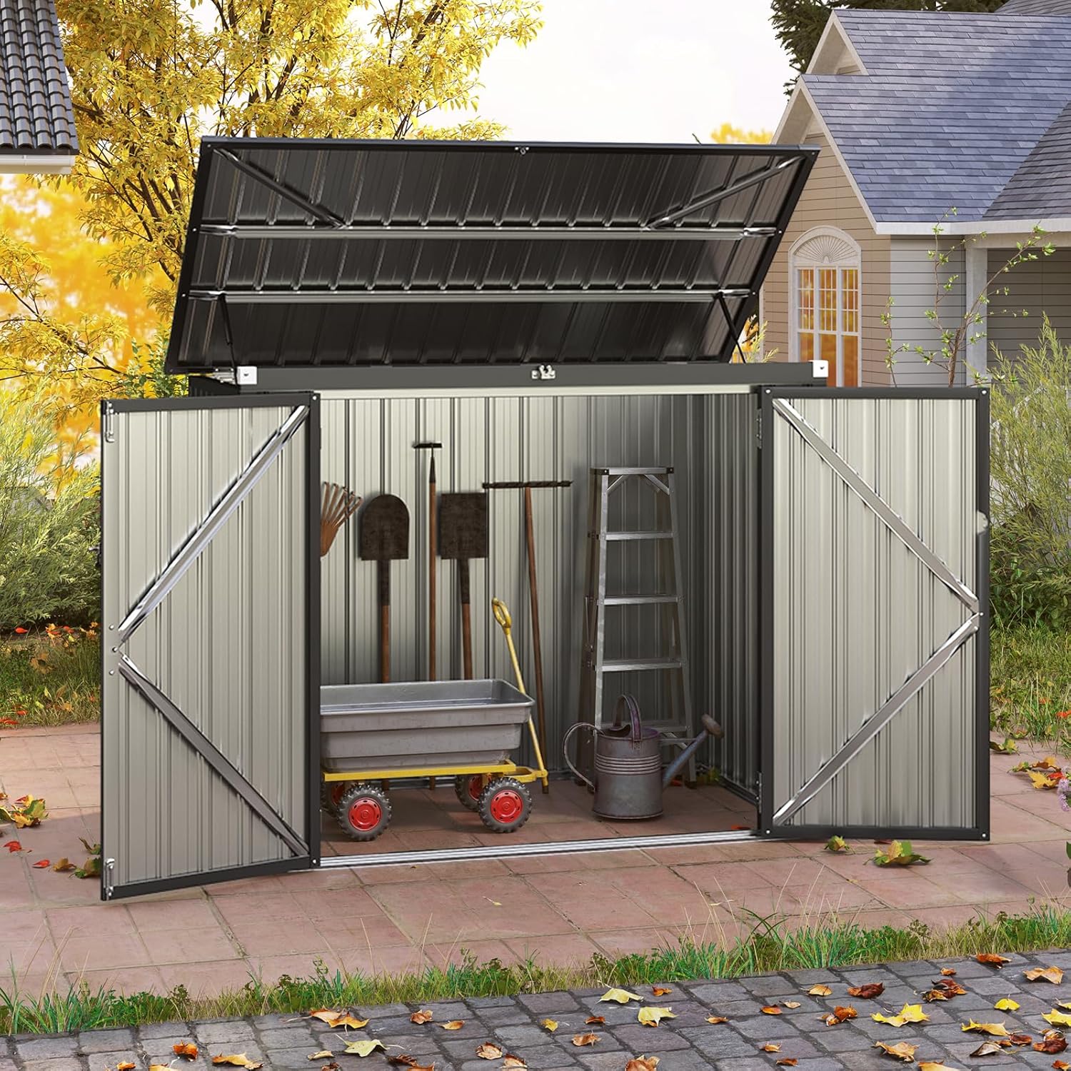 HOMASIS 1.7m Abri de Jardin Métal Exterieur avec Couvercle Rabattable, Cabane de Jardin avec Double Porte, Abri à Outils Structure Renforcée, Haute Résistance pour Ferme, Terrasse,172 x 101 x 130 cm