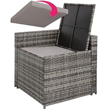 Boîte de rangement extérieure en osier gris avec couvercle ouvert, révélant un espace de rangement intérieur. La flèche indique le mouvement de levage du couvercle rembourré