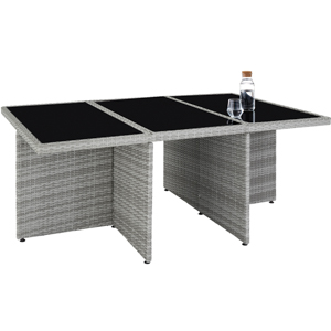avec base en rotin gris tressé et plateau en verre noir. Dispose de trois compartiments, probablement pour le rangement ou le service. La bouteille est visible pour le tartre.