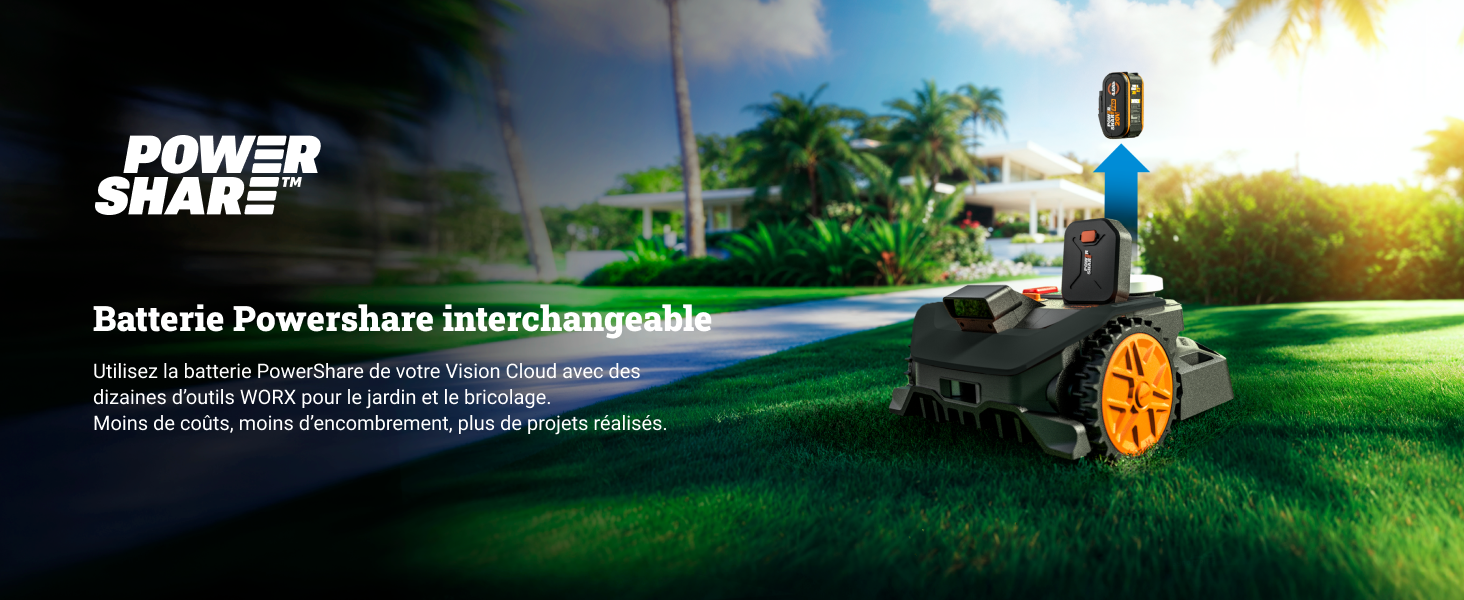 Le texte indique « POWER SHARE » et « Batería Powershare intercambiable ». L'image marketing montre une tondeuse à gazon robotique avec des roues oranges sur de l'herbe verte avec un fond ensoleillé.