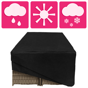Housse de mobilier d'extérieur noire avec icônes météorologiques représentant une protection contre la pluie, le soleil et la neige. Meubles tissés partiellement visibles en dessous.