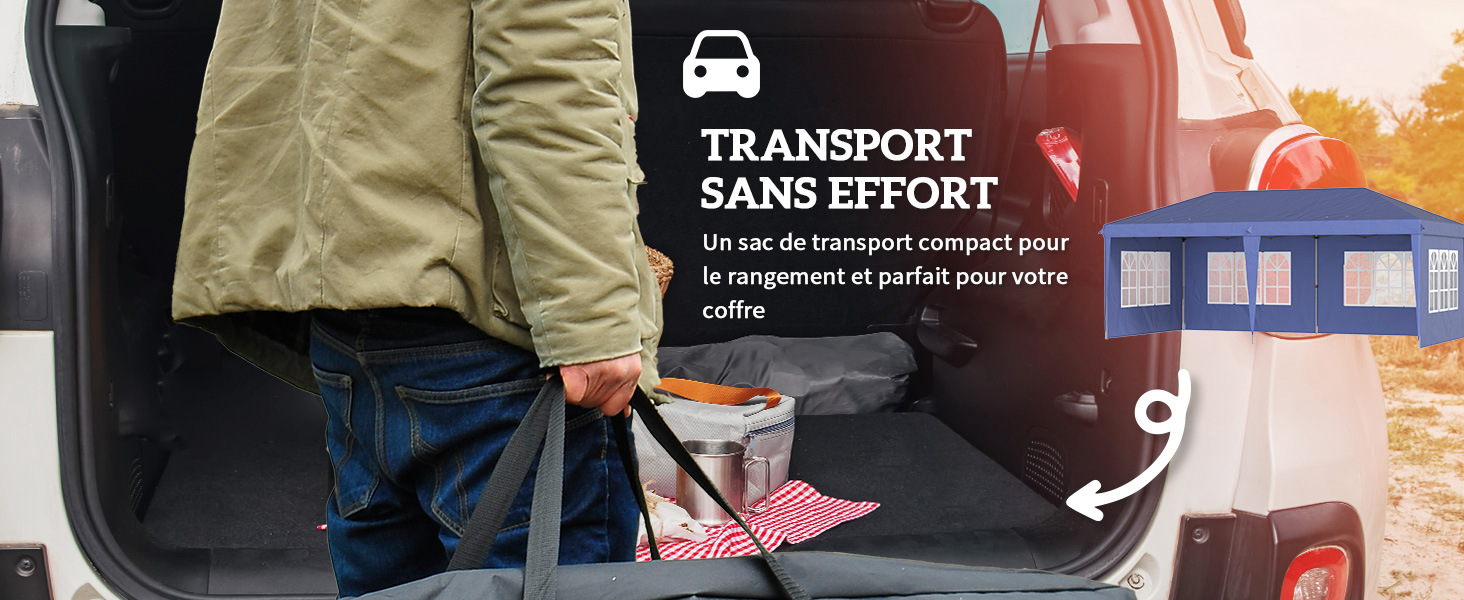 Coffre de voiture ouvert avec des produits d'épicerie et des articles en tissu. Superposition de texte : « Transport sans effort » (Effortless Transport), décrivant une solution de transport compacte