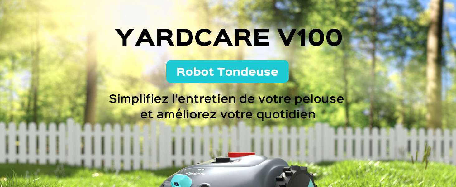 Le texte indique « YARDCARE V100 ». Série de scènes d'entretien des pelouses montrant du matériel de jardinage utilisé dans des environnements résidentiels avec des clôtures blanches.