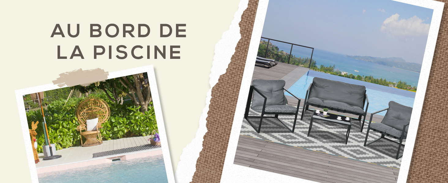 Deux scènes au bord de la piscine étiquetées « Au bord de la piscine » : l'une montrant un paysage de jardin, l'autre présentant un mobilier d'extérieur gris