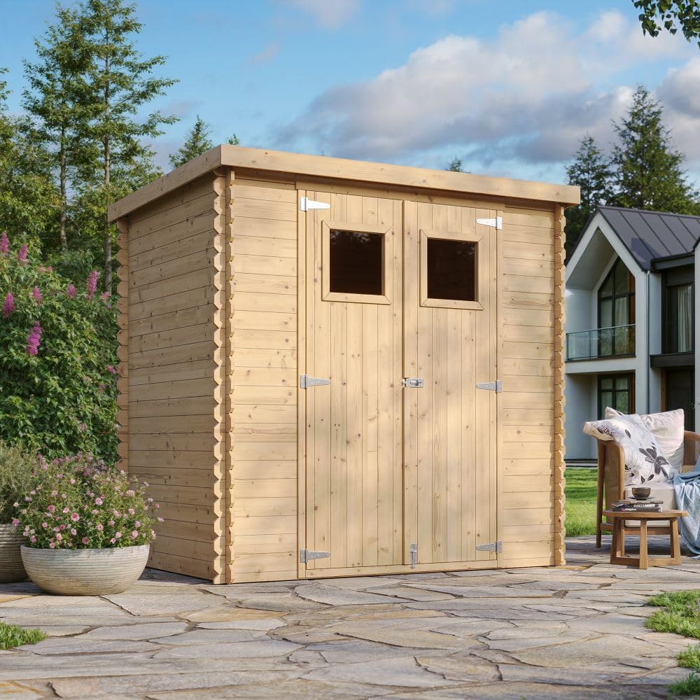 Abri de Jardin en Bois avec Sol TRAITÉ TIMBELA M311+M311G - Stockage extérieur l204xL142xH200cm//2.22m2- Petit abri à Outils, Local à vélos - Toit imperméable, fenêtres