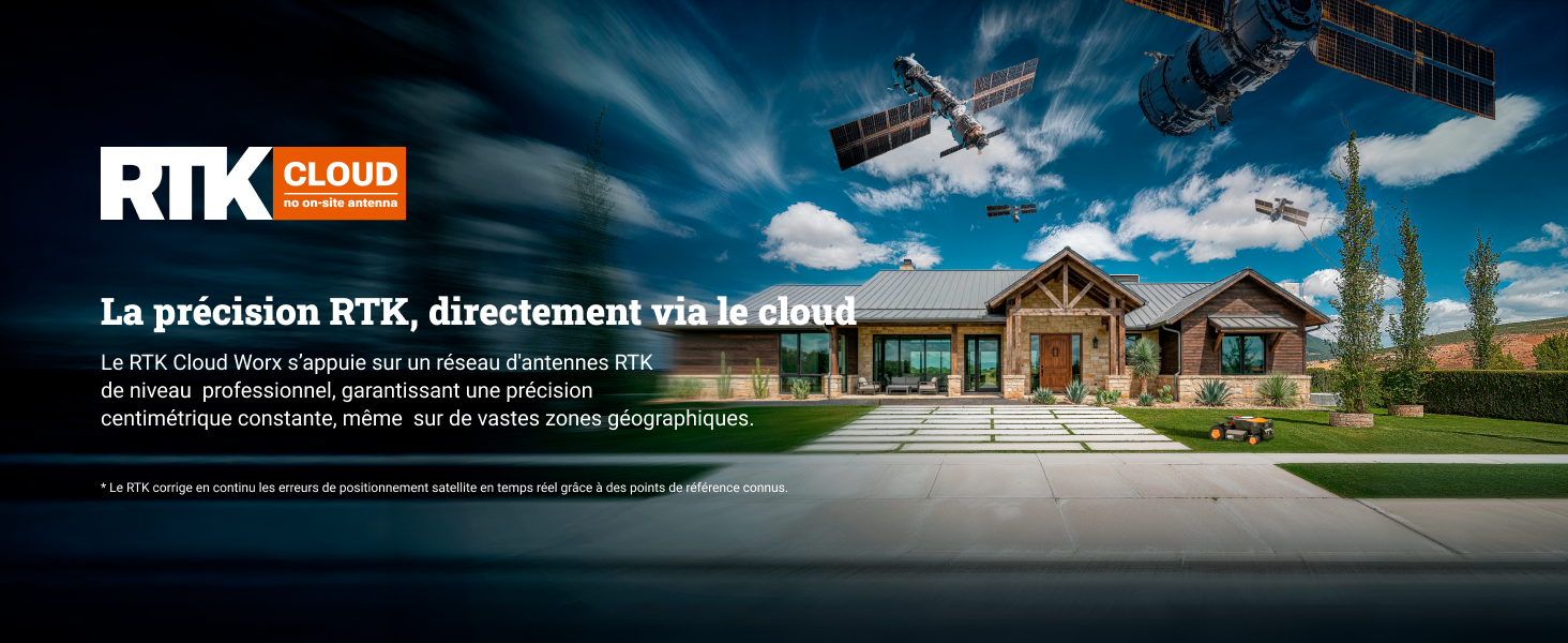 Le texte indique « RTK » avec une photographie de paysage montrant des champs agricoles et des bâtiments. Texte français sur la précision RTK visible dans le cadre inférieur.