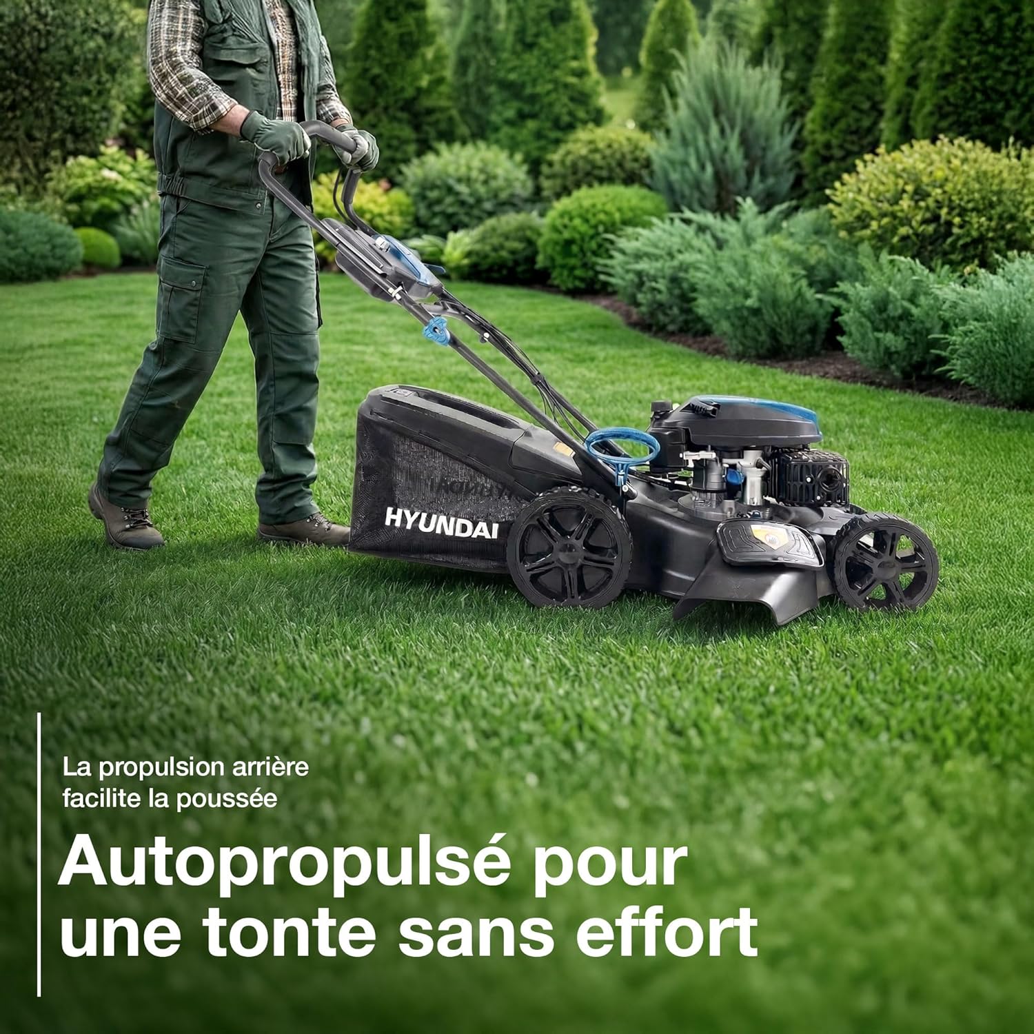 Hyundai - tondeuse thermique autotractée 51cm, moteur 196CC, démarrage électrique, 4-en-1, bac 60L
