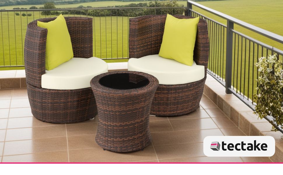 sur balcon, comprenant une causeuse incurvée avec des coussins jaunes et une table ronde assortie. La marque Tectake est visible.