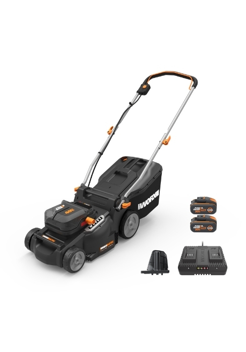 Le texte se lit comme suit : « Image 1 ». Tondeuse à gazon électrique sans fil noire aux accents orange, illustrée avec deux batteries et une unité de charge sur fond blanc.
