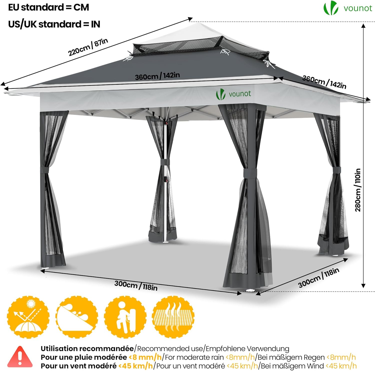 VOUNOT - tonnelle pop up - 3.6x3.6m - moustiquaire, anti-UV, acier