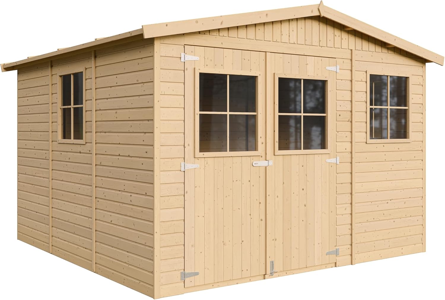 Abri de Jardin en Bois Naturel - Stockage extérieur avec fenêtres- H226x316x324 cm/9 m² Hangar en Bois Naturel - Atelier Rangement Outils et vélos- TIMBELA M335