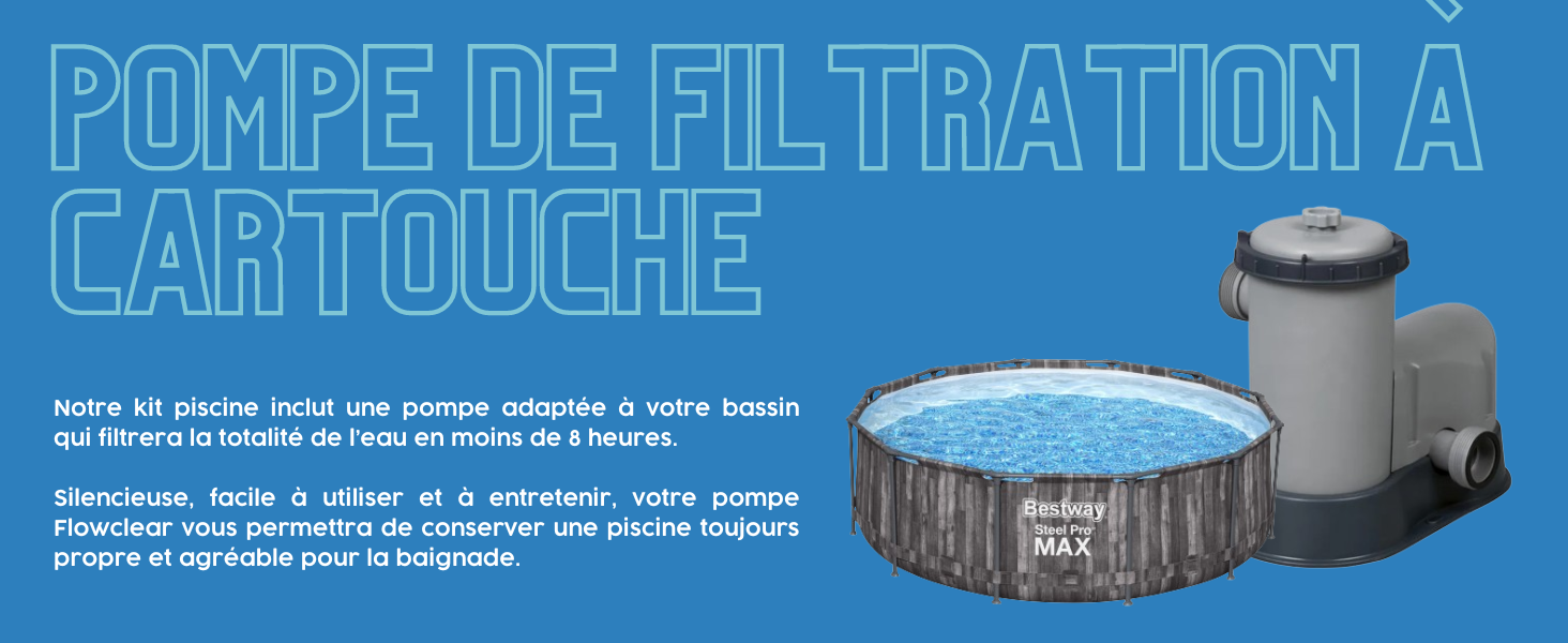 pour piscines. L'image montre une unité de pompe cylindrique grise avec un texte décrivant ses caractéristiques en français.
