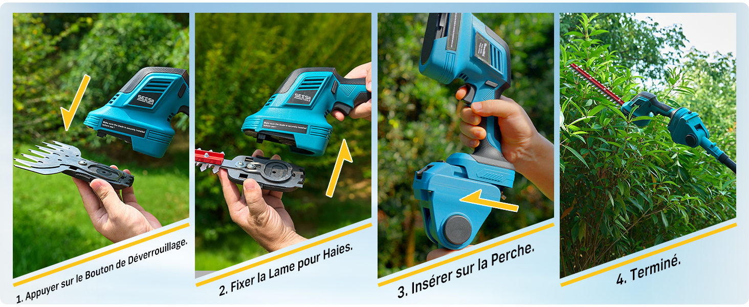 Série de plans d'action montrant un outil ou un appareil électrique noir et bleu utilisé à l'extérieur sur de l'herbe verte ou de la végétation. Plusieurs images séquentielles montrent le fonctionnement de l'outil.