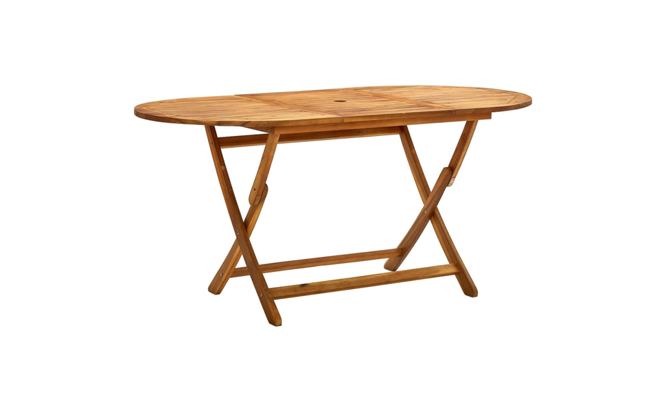 Progression de la table d'extérieur en bois avec pieds en X montrant différentes étapes de pliage ou de transformation, en bois massif avec finition naturelle.