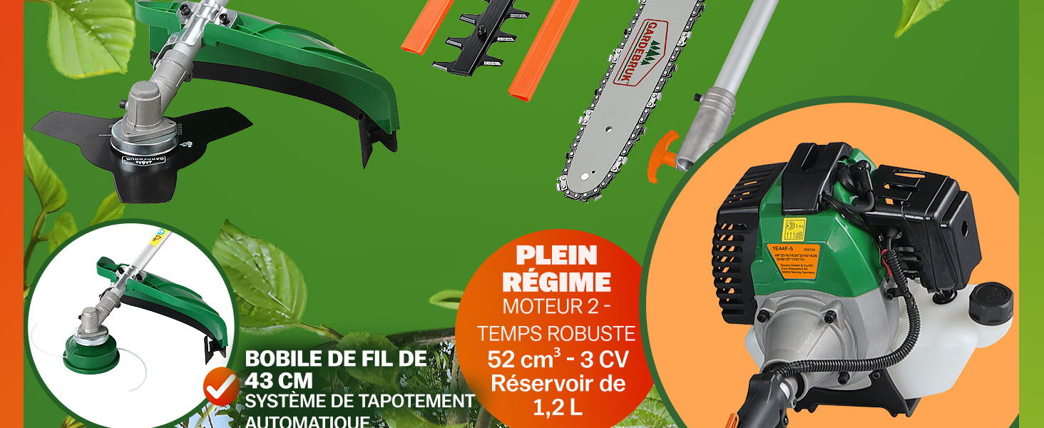 à essence verte avec un diamètre de coupe de 43 cm et un système d'alimentation automatique de la ligne. Comprend un moteur de 52 cm3, une puissance de 3 CV et un réservoir de carburant de 1,2 l. Comprend une image de la tête de coupe et du moteur.