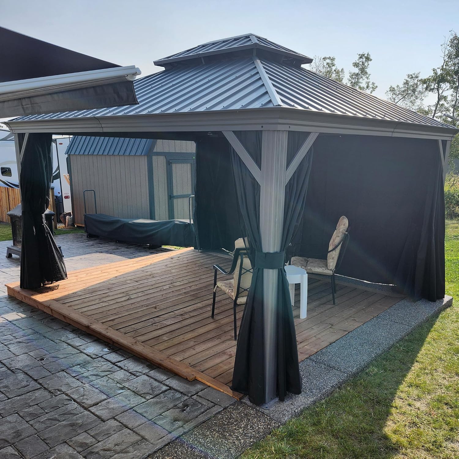 PURPLE LEAF - tonnelle jardin double toit alu - 3,65x4,25m rideaux moustiquaire guirlande solaire