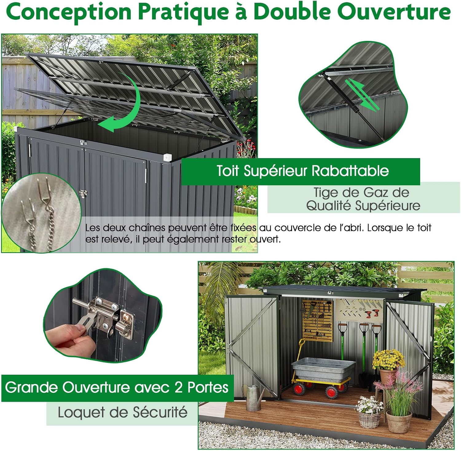 COSTWAY - Abri de Jardin métal - 1,5 m² - 2 portes, toit ouvrant, verrouillable, étanche