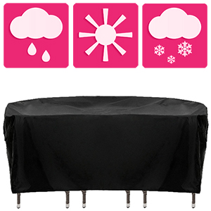 Housse ou bâche rectangulaire noire pour mobilier d'extérieur. Au-dessus se trouvent trois icônes carrées roses représentant la pluie, le soleil et des flocons de neige