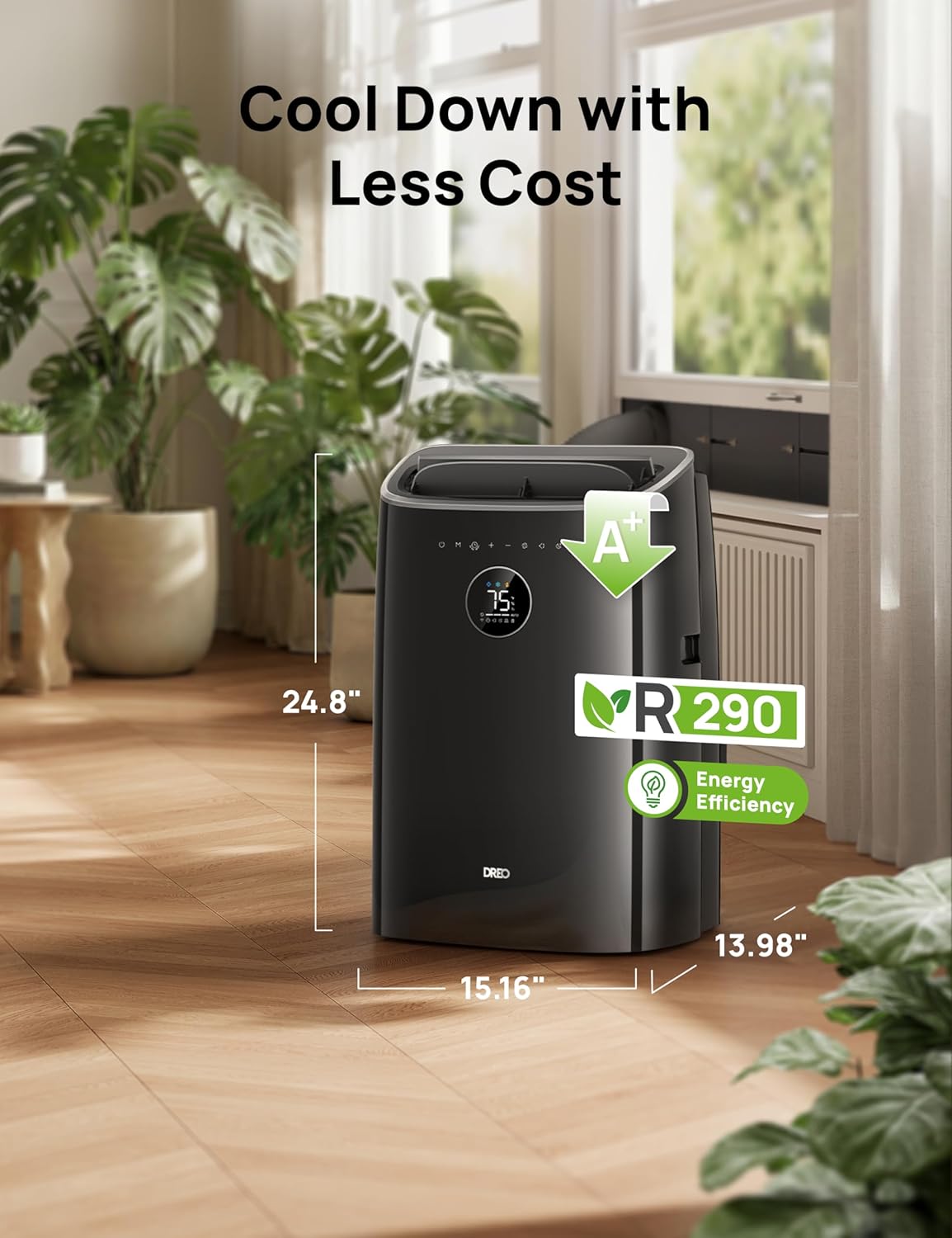 DREO climatiseur mobile 7500 BTU 3-en-1 refroidissement/ventilation/déshumidification, silencieux pour chambre ou bureau, contrôle par app et voix, sans drainage, kit fenêtre, 2,5 L/h, AC318S
