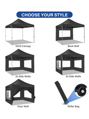 Schéma du produit montrant six configurations de tente à baldaquin : 10 x 10 de base, paroi arrière, 2 parois latérales, 3 parois latérales, paroi de porte et option de rangement pour sacs à roulettes