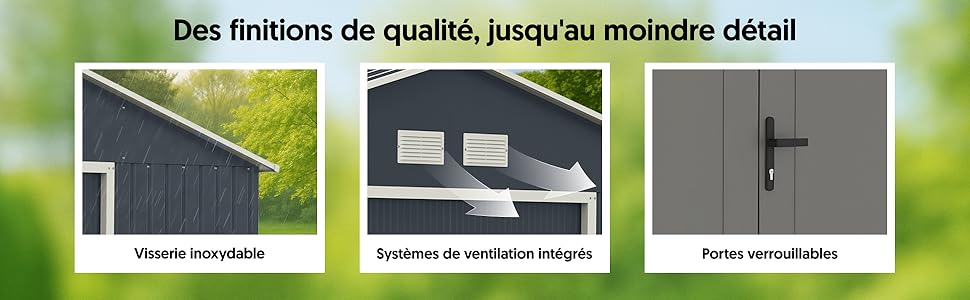 Image composite présentant les caractéristiques du cabanon : quincaillerie en acier inoxydable, systèmes de ventilation intégrés et portes verrouillables. Le texte en français décrit la qualité des finitions et le souci du détail.