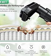 Le texte indique « 4 en 1 Modes de Nettoyage » et « Elimine les taches profondes et tenaces ». Démonstration d'un appareil de nettoyage de matelas avec des icônes représentant « Eau Froide », « Eau Chaude » et des fonctions de désinfection.