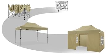 Tentes à baldaquin escamotables pliables de couleur beige présentées à différentes étapes d'installation, de complètement dépliées à entièrement assemblées avec des murs