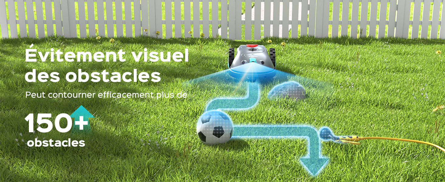 Le texte indique « Évitement visuel des obstacles » et « 150+ ». L'image montre des flèches directionnelles bleues superposées sur de l'herbe ou de la pelouse.