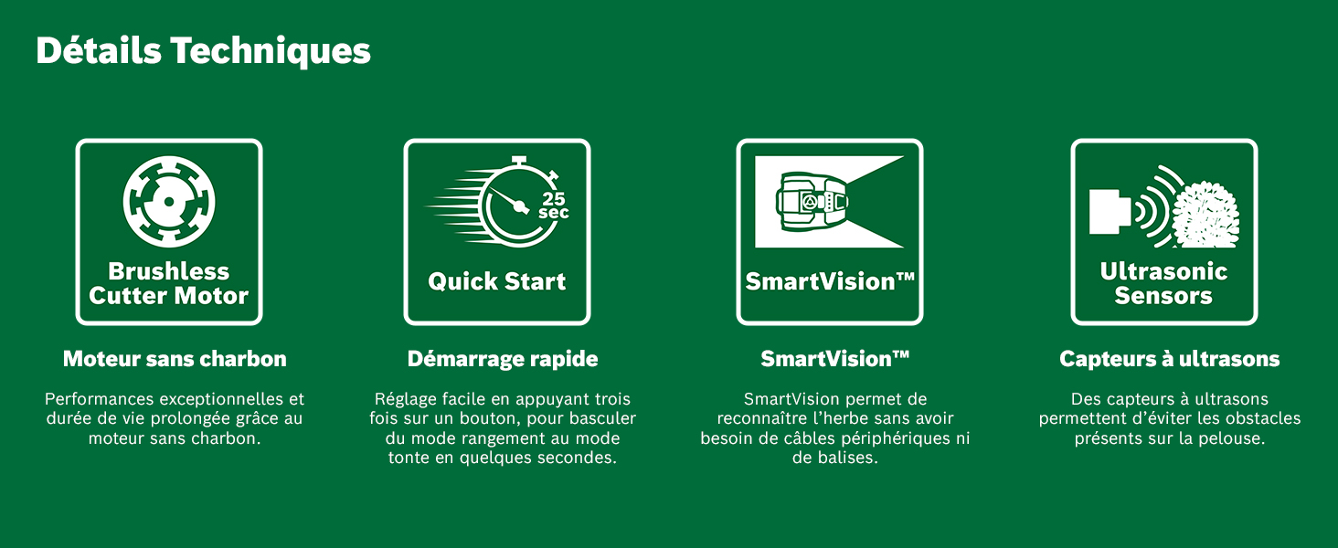 Bannière verte des spécifications techniques avec des icônes blanches montrant les différentes caractéristiques du produit et des instructions en français.