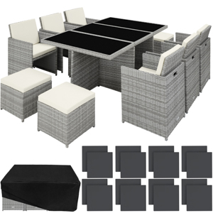 comprenant des chaises, une table et des poufs tissés en gris clair. Coussins supplémentaires et housse de protection illustrés.
