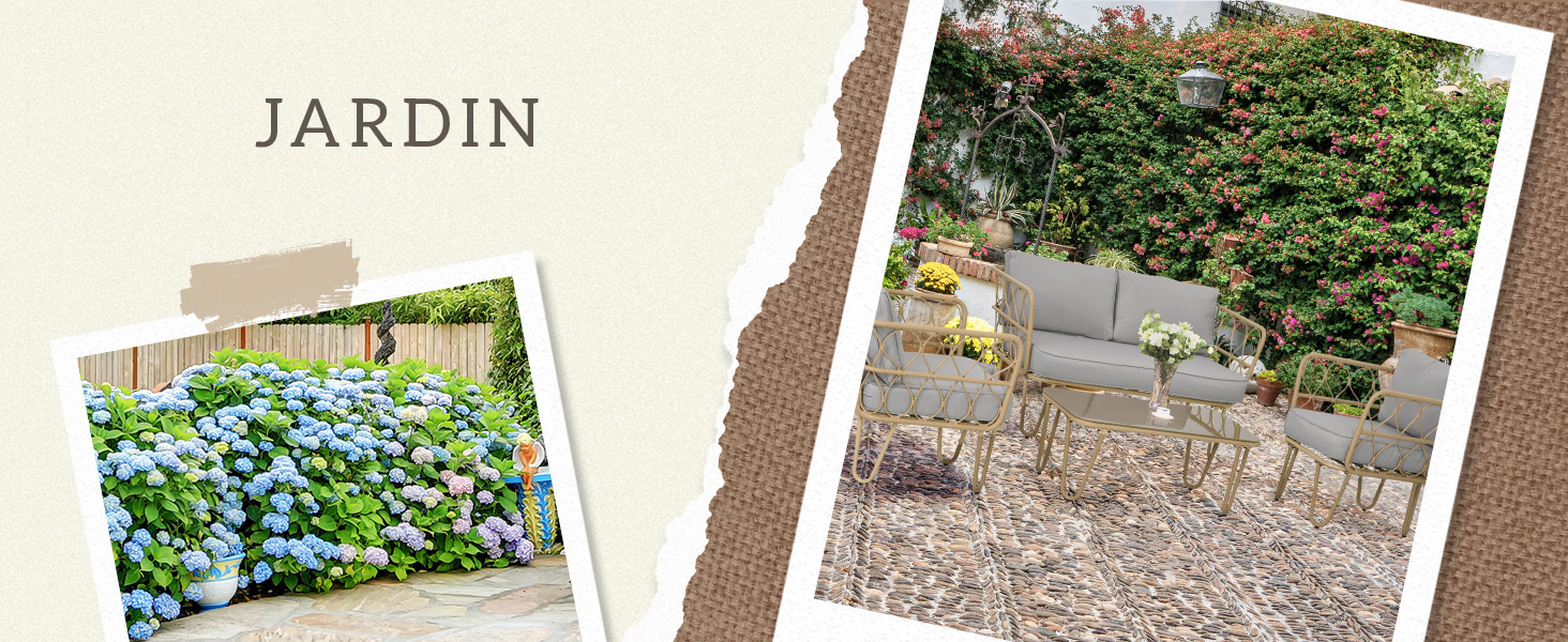 Deux images de jardin : à gauche, des hortensias bleus sur une clôture blanche, à droite, un jardin en terrasses avec des marches en pierre