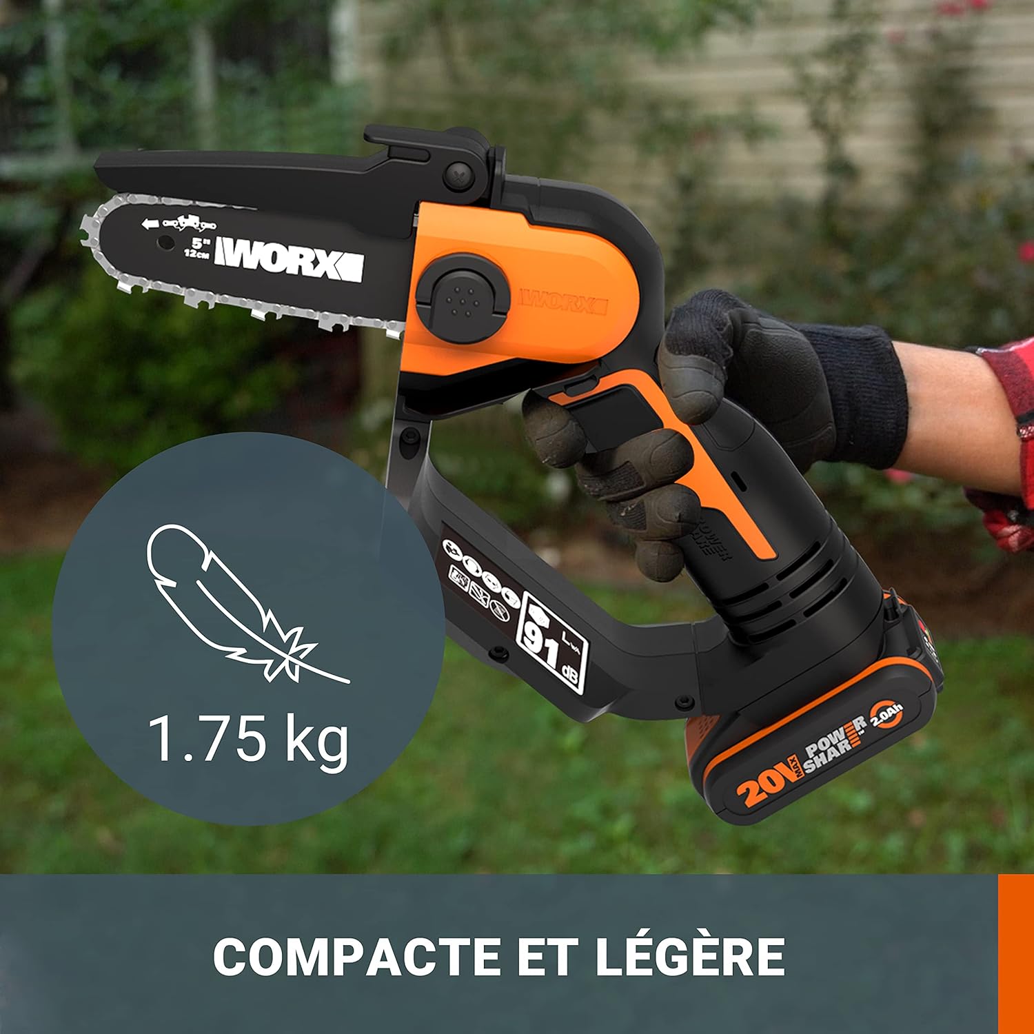 WORX - Mini tronçonneuse 20V - guide 12cm, coupe 10cm, batterie, WG324E