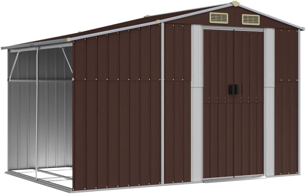 Abri de jardin acier galvanisé, 277x192,5x179cm, toit incliné, marron