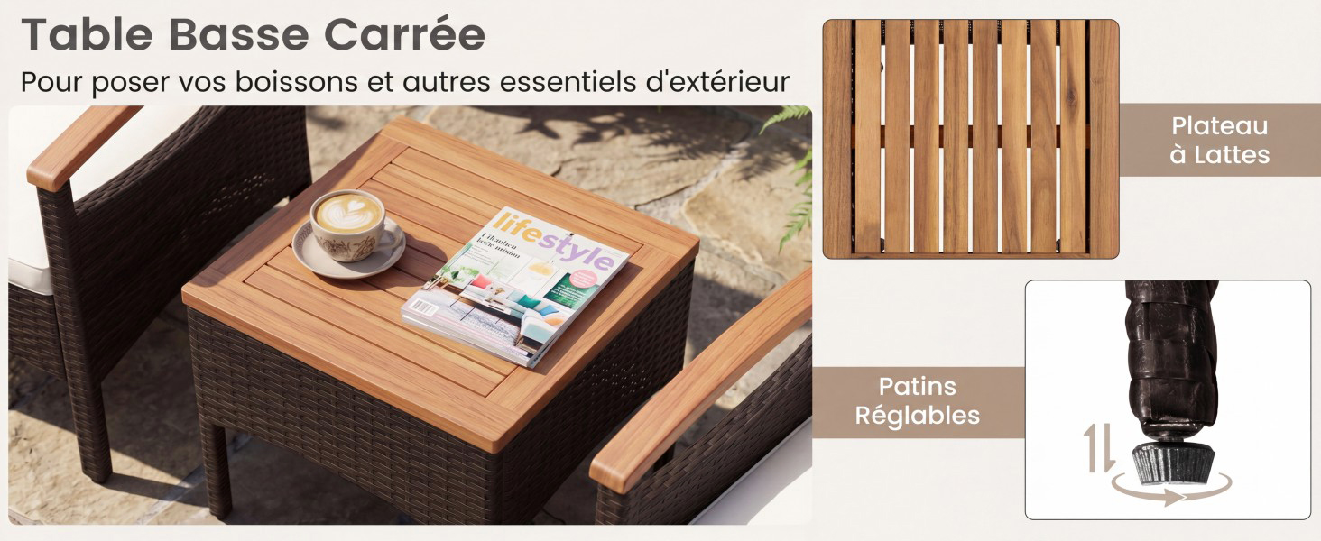 Le texte se lit comme suit : « Table Base Carré » et « Pour ranger vos livres aux en toutes essentiels d'ailleurs ». Table en bois avec compartiments de rangement intégrés présentant une tasse à café, des livres et un magazine sur la surface.